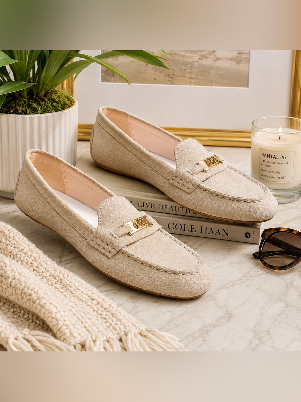Cole Haan Nude Suede Leather Driving Loafers Gold Bit Slip On Flats Shoes 8.5